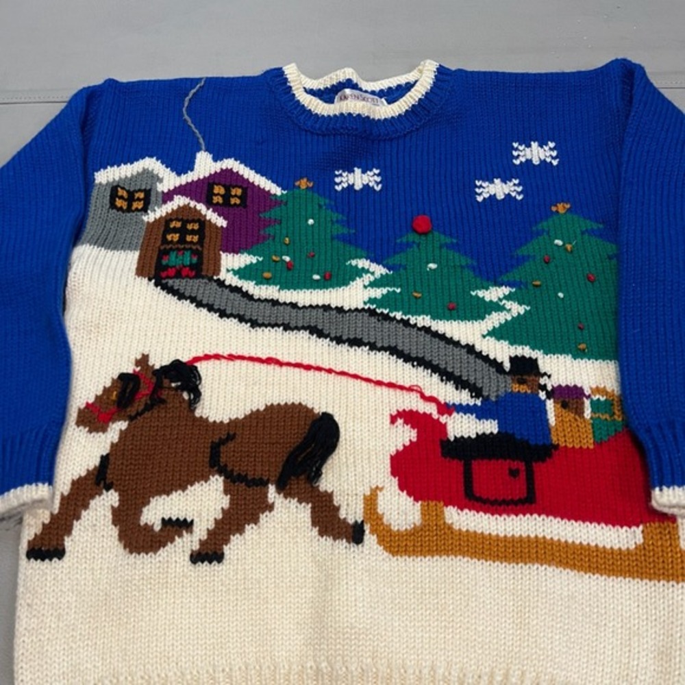 VTG 90s Y2K Women Blue Ugly Xmas Christmas Knit Sweater M Office party Snow-4348 - Picture 3 of 11